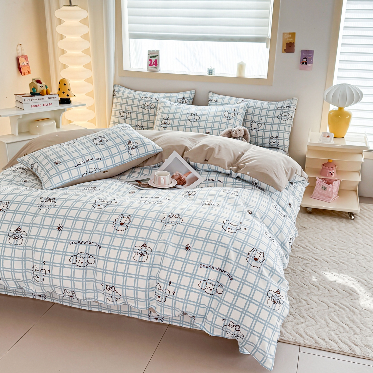 91家纺网 家纺一手货源 找家纺 小蓝孩家纺 2026新款12868全棉纯棉印花四件套（联系商家可打折，尺寸可定制） 忧郁棕熊