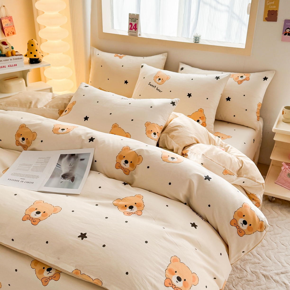 91家纺网 家纺一手货源 找家纺 小蓝孩家纺 2026新款12868全棉纯棉印花四件套（联系商家可打折，尺寸可定制） 领结熊宝