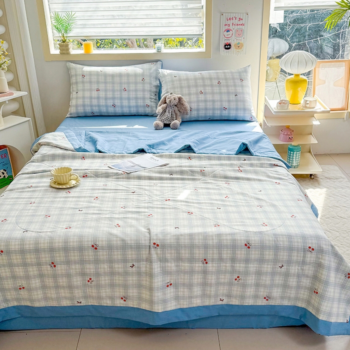 91家纺网 家纺一手货源 找家纺 禹祥家纺 （包质检）2026新款A类里外全棉新疆棉夏被夏凉被空调被儿童被 蓝格樱桃