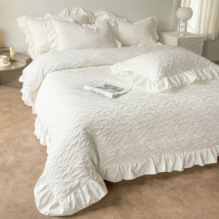 91家纺网 家纺一手货源 找家纺 豪美鑫 2026新款立体浮雕提花四件套 叶语系列 叶语-白色