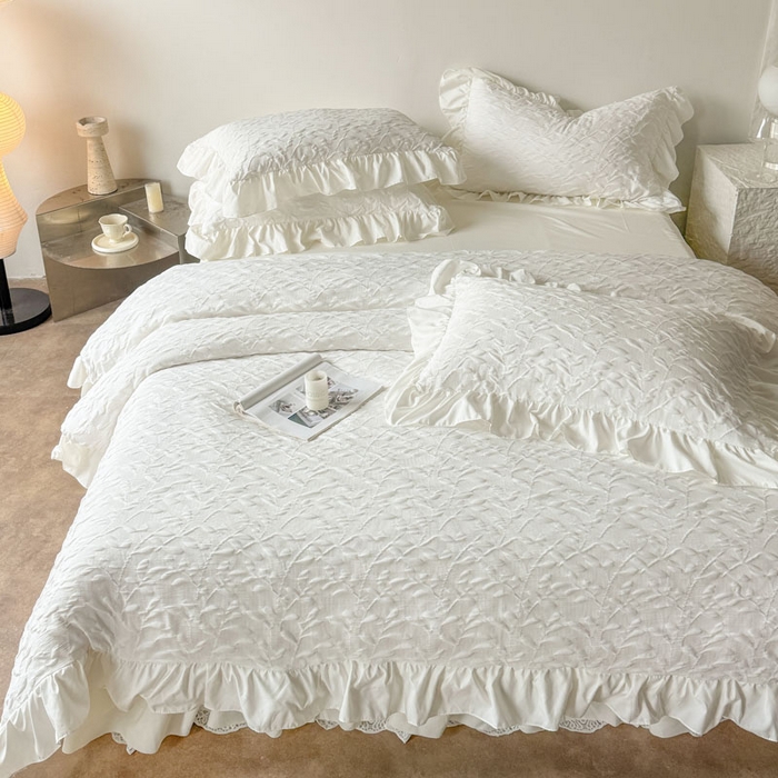 91家纺网 家纺一手货源 找家纺 豪美鑫 2026新款立体浮雕提花四件套 叶语系列 叶语-白色