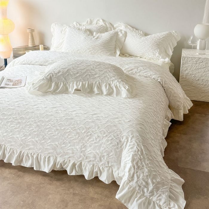 91家纺网 家纺一手货源 找家纺 豪美鑫 2026新款立体浮雕提花四件套 叶语系列 叶语-白色