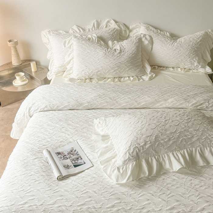 91家纺网 家纺一手货源 找家纺 豪美鑫 2026新款立体浮雕提花四件套 叶语系列 叶语-白色