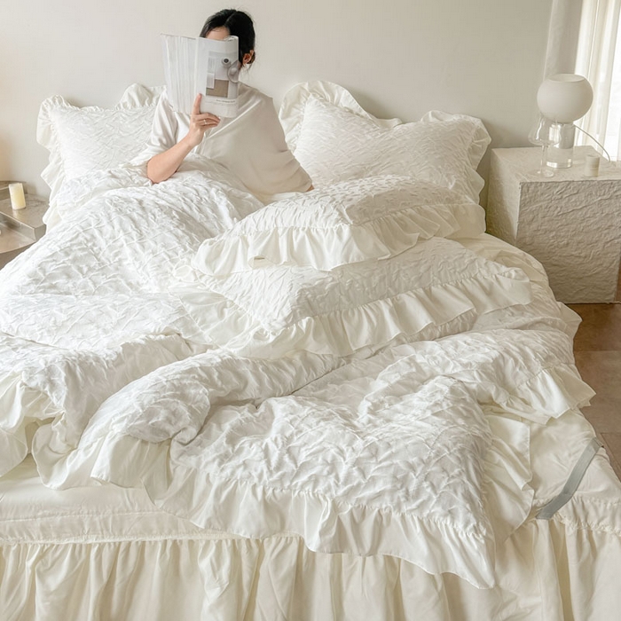 91家纺网 家纺一手货源 找家纺 豪美鑫 2026新款立体浮雕提花四件套 叶语系列 叶语-白色