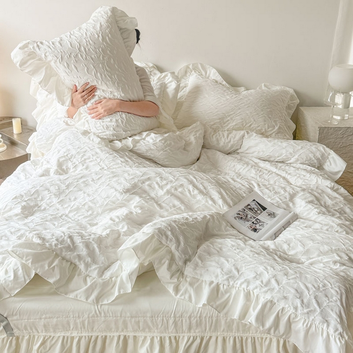 91家纺网 家纺一手货源 找家纺 豪美鑫 2026新款立体浮雕提花四件套 叶语系列 叶语-白色