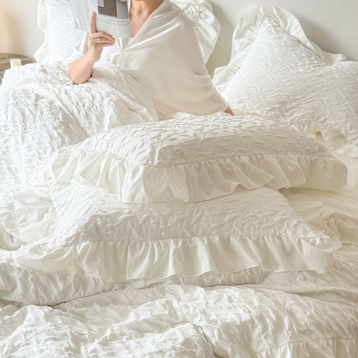 91家纺网 家纺一手货源 找家纺 豪美鑫 2026新款立体浮雕提花四件套 叶语系列 叶语-白色