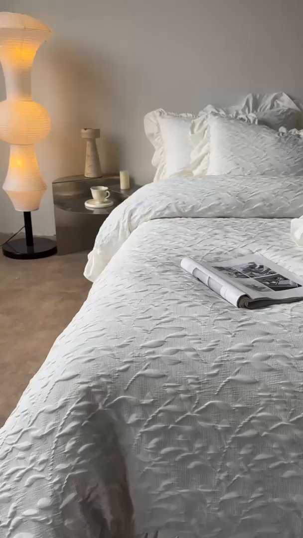 91家纺网 家纺一手货源 找家纺 豪美鑫 2026新款立体浮雕提花四件套 叶语系列 叶语-白色