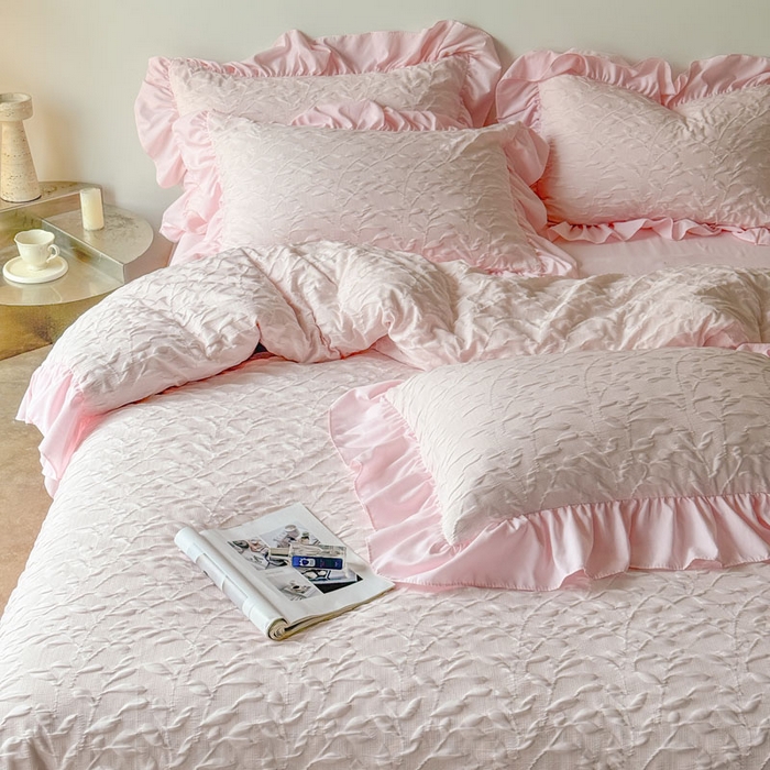 91家纺网 家纺一手货源 找家纺 豪美鑫 2026新款立体浮雕提花四件套 叶语系列 叶语-粉色