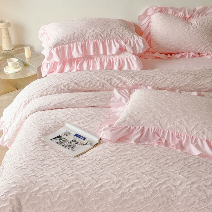 91家纺网 家纺一手货源 找家纺 豪美鑫 2026新款立体浮雕提花四件套 叶语系列 叶语-粉色