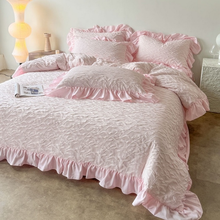 91家纺网 家纺一手货源 找家纺 豪美鑫 2026新款立体浮雕提花四件套 叶语系列 叶语-粉色