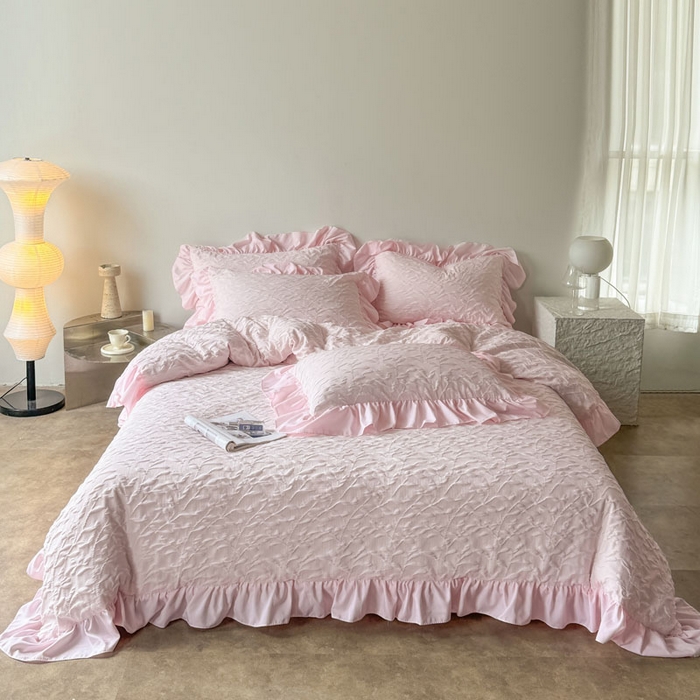 91家纺网 家纺一手货源 找家纺 豪美鑫 2026新款立体浮雕提花四件套 叶语系列 叶语-粉色