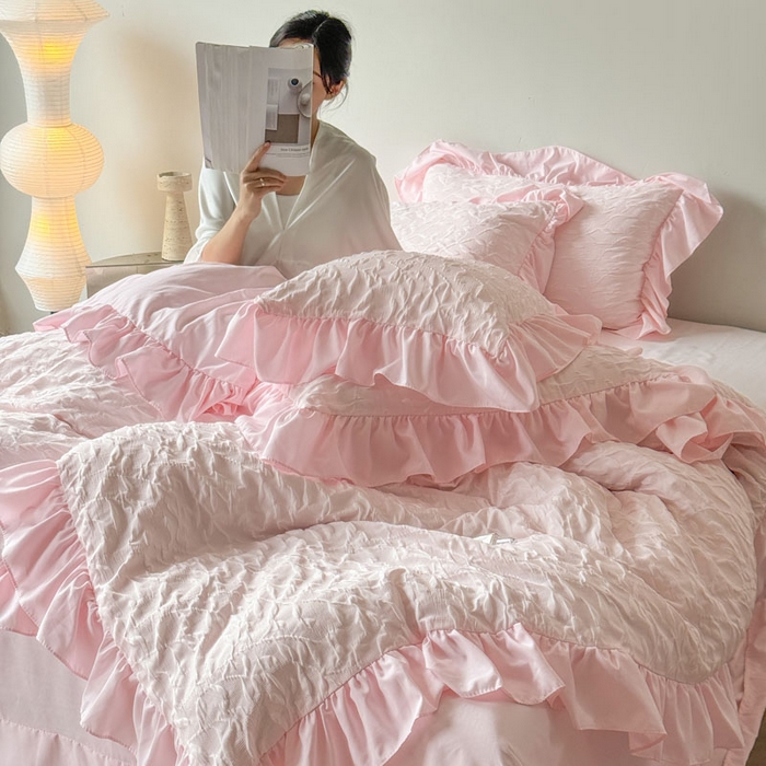 91家纺网 家纺一手货源 找家纺 豪美鑫 2026新款立体浮雕提花四件套 叶语系列 叶语-粉色