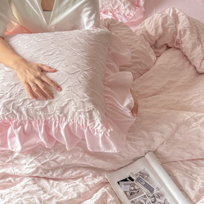 91家纺网 家纺一手货源 找家纺 豪美鑫 2026新款立体浮雕提花四件套 叶语系列 叶语-粉色