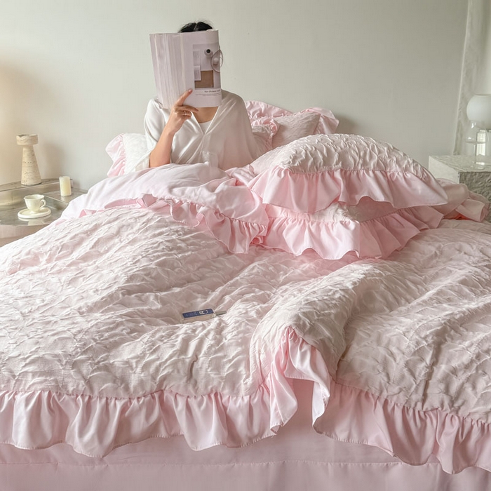 91家纺网 家纺一手货源 找家纺 豪美鑫 2026新款立体浮雕提花四件套 叶语系列 叶语-粉色