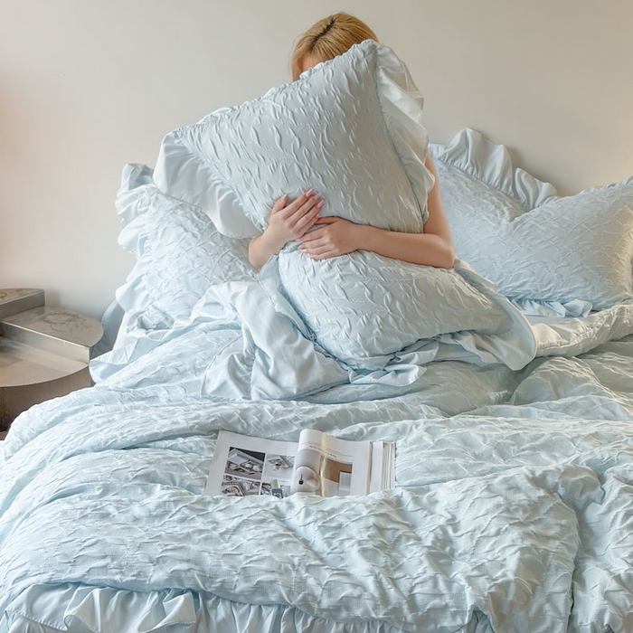 91家纺网 家纺一手货源 找家纺 豪美鑫 2026新款立体浮雕提花四件套 叶语系列 叶语-蓝色