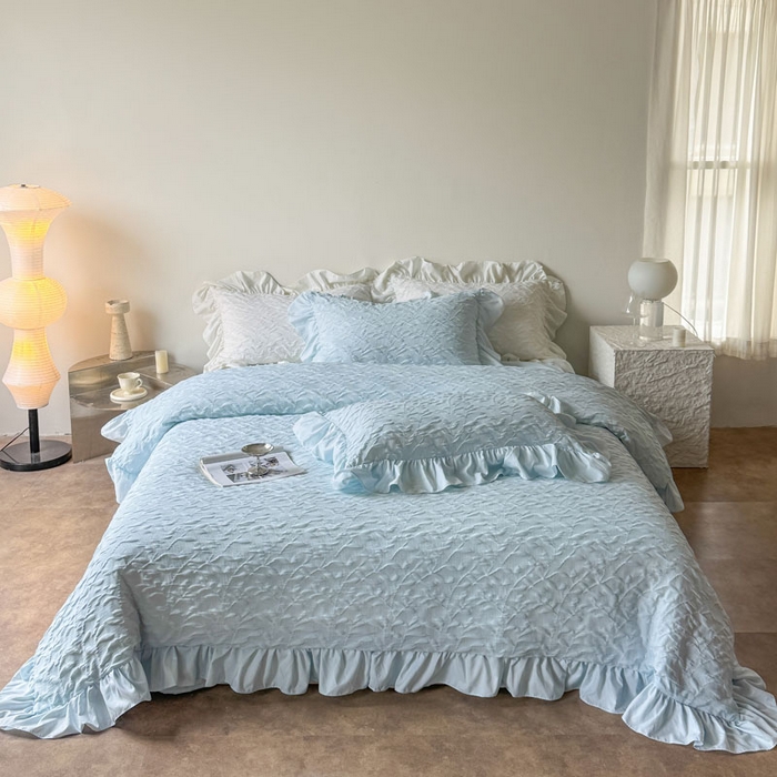 91家纺网 家纺一手货源 找家纺 豪美鑫 2026新款立体浮雕提花四件套 叶语系列 叶语-蓝色