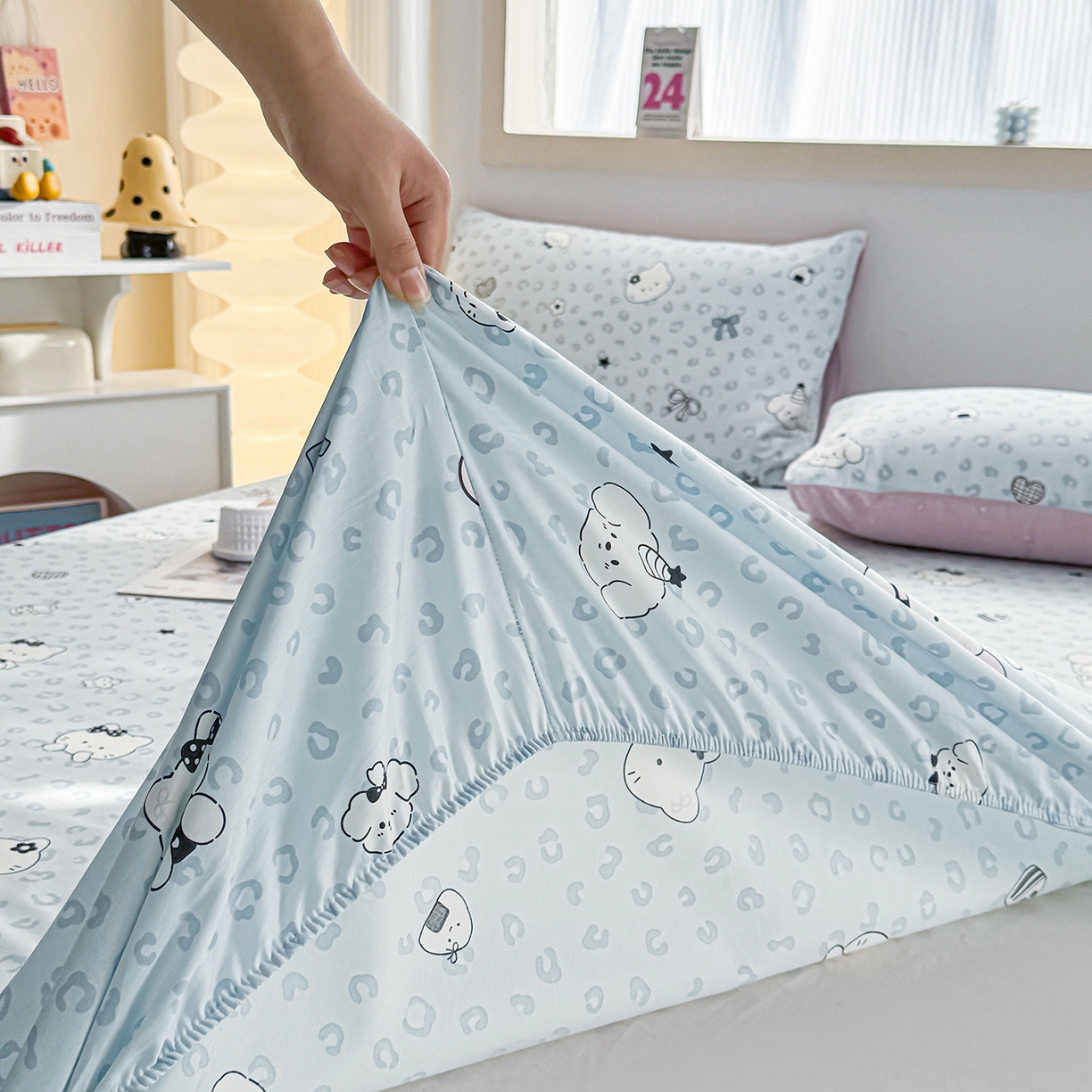 91家纺网 家纺一手货源 找家纺 小蓝孩家纺 2026新款12868全棉印花单床笠(联系商家可打折，尺寸可定制) 豹纹猫咪