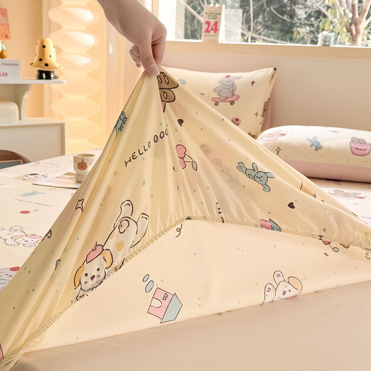 91家纺网 家纺一手货源 找家纺 小蓝孩家纺 2026新款12868全棉印花单床笠(联系商家可打折，尺寸可定制) 可爱颂