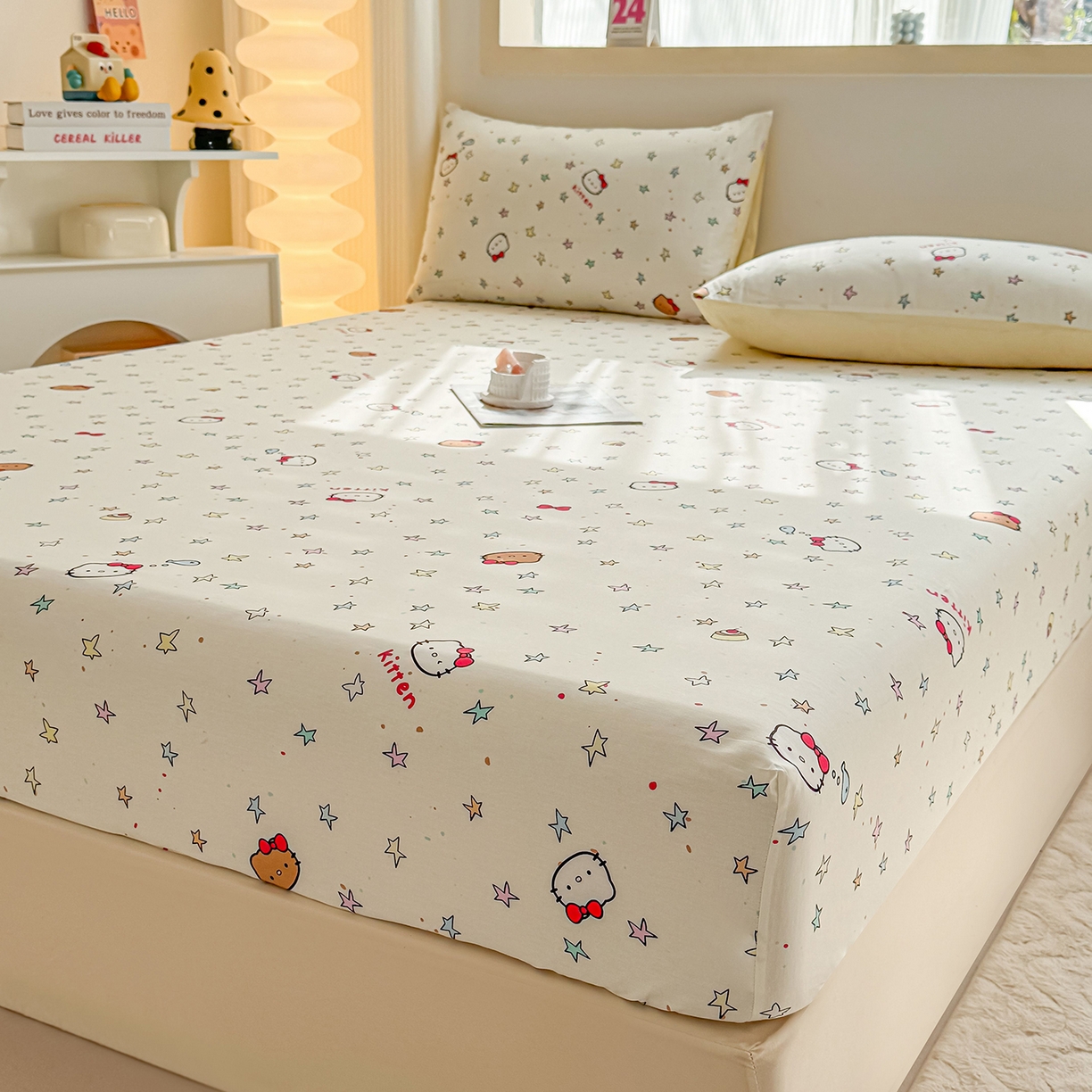 91家纺网 家纺一手货源 找家纺 小蓝孩家纺 2026新款12868全棉印花单床笠(联系商家可打折，尺寸可定制) 星星凯蒂猫