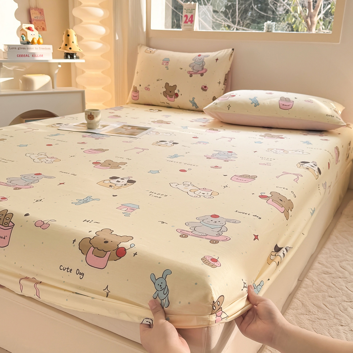 91家纺网 家纺一手货源 找家纺 小蓝孩家纺 2026新款12868全棉印花单床笠(联系商家可打折，尺寸可定制) 可爱颂