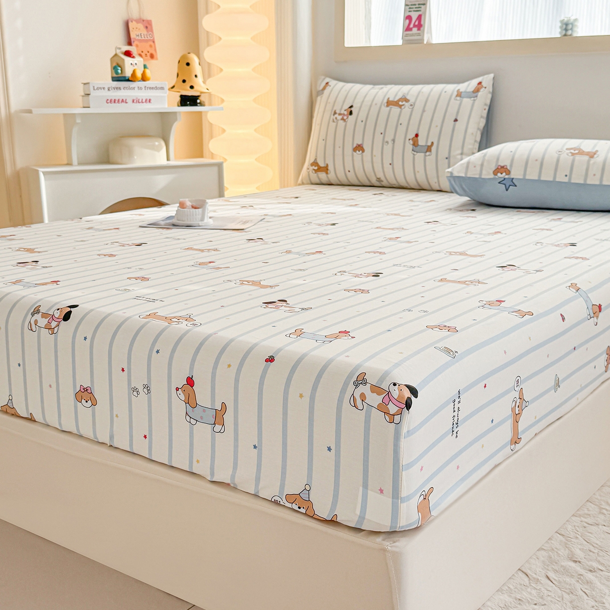 91家纺网 家纺一手货源 找家纺 小蓝孩家纺 2026新款12868全棉印花单床笠(联系商家可打折，尺寸可定制) 糖纸童年