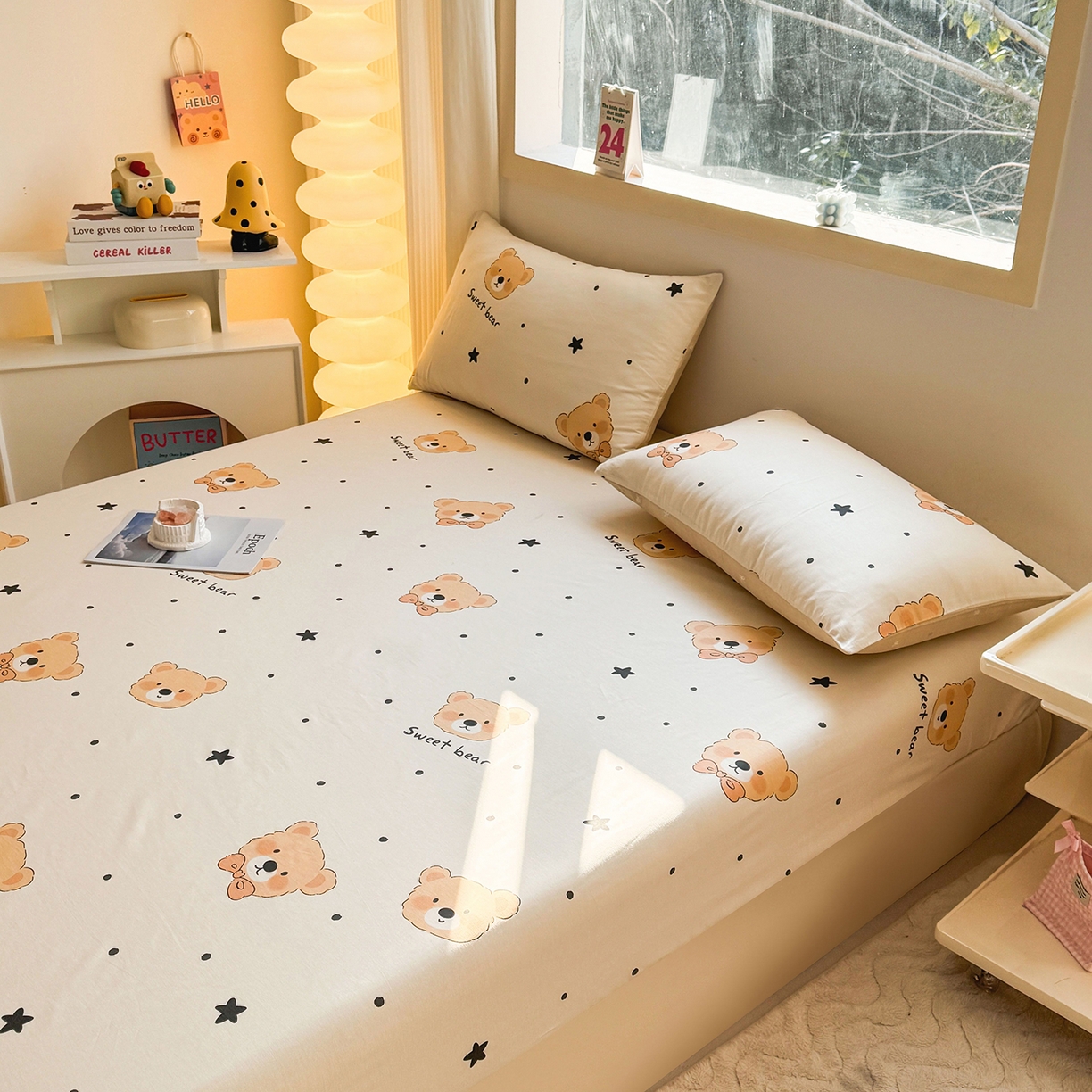 91家纺网 家纺一手货源 找家纺 小蓝孩家纺 2026新款12868全棉印花单床笠(联系商家可打折，尺寸可定制) 领结熊宝