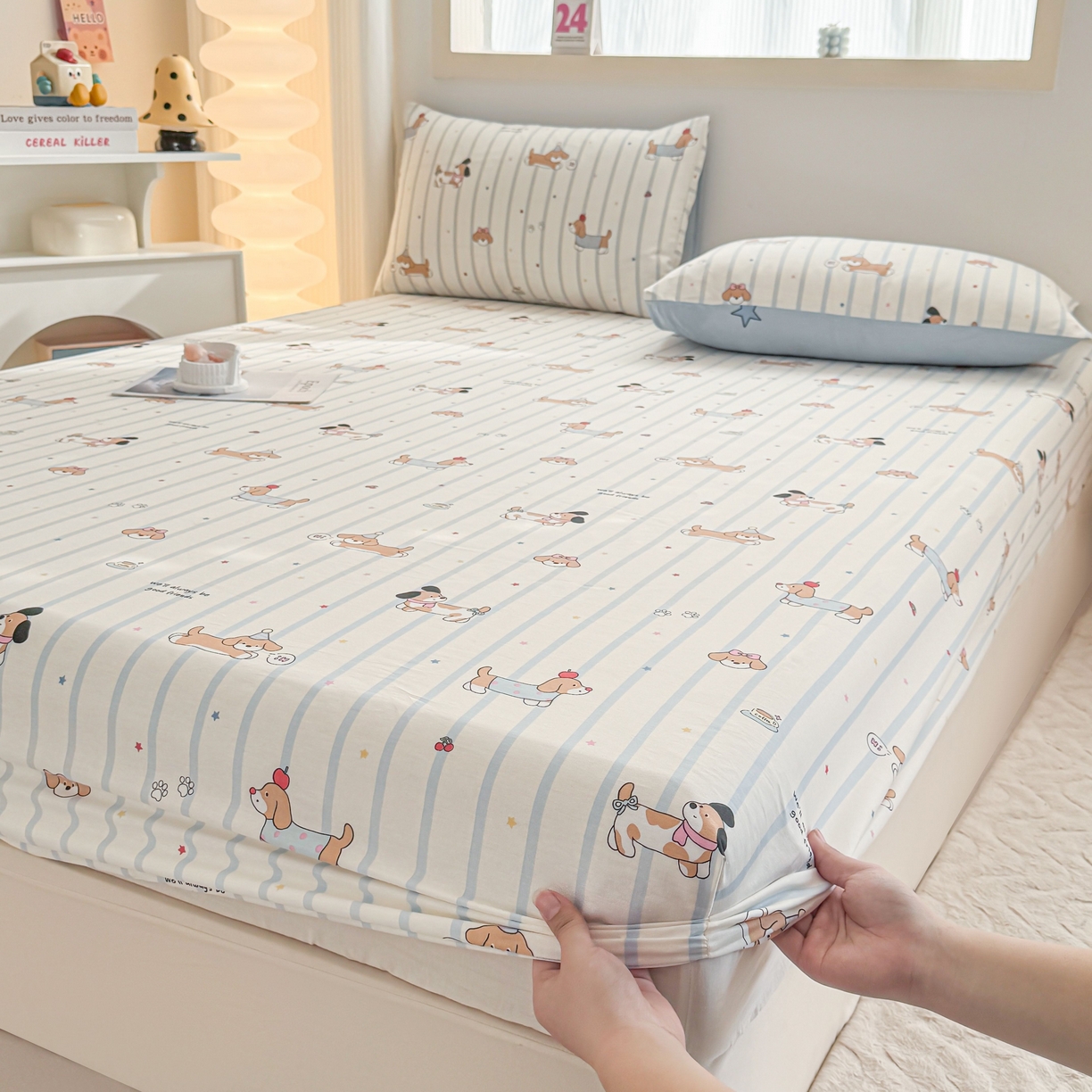 91家纺网 家纺一手货源 找家纺 小蓝孩家纺 2026新款12868全棉印花单床笠(联系商家可打折，尺寸可定制) 糖纸童年