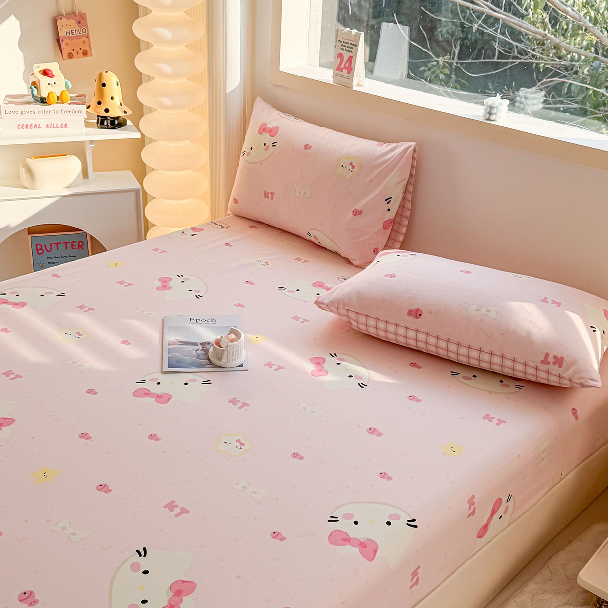 91家纺网 家纺一手货源 找家纺 小蓝孩家纺 2026新款12868全棉印花单床笠(联系商家可打折，尺寸可定制) 甜心猫咪