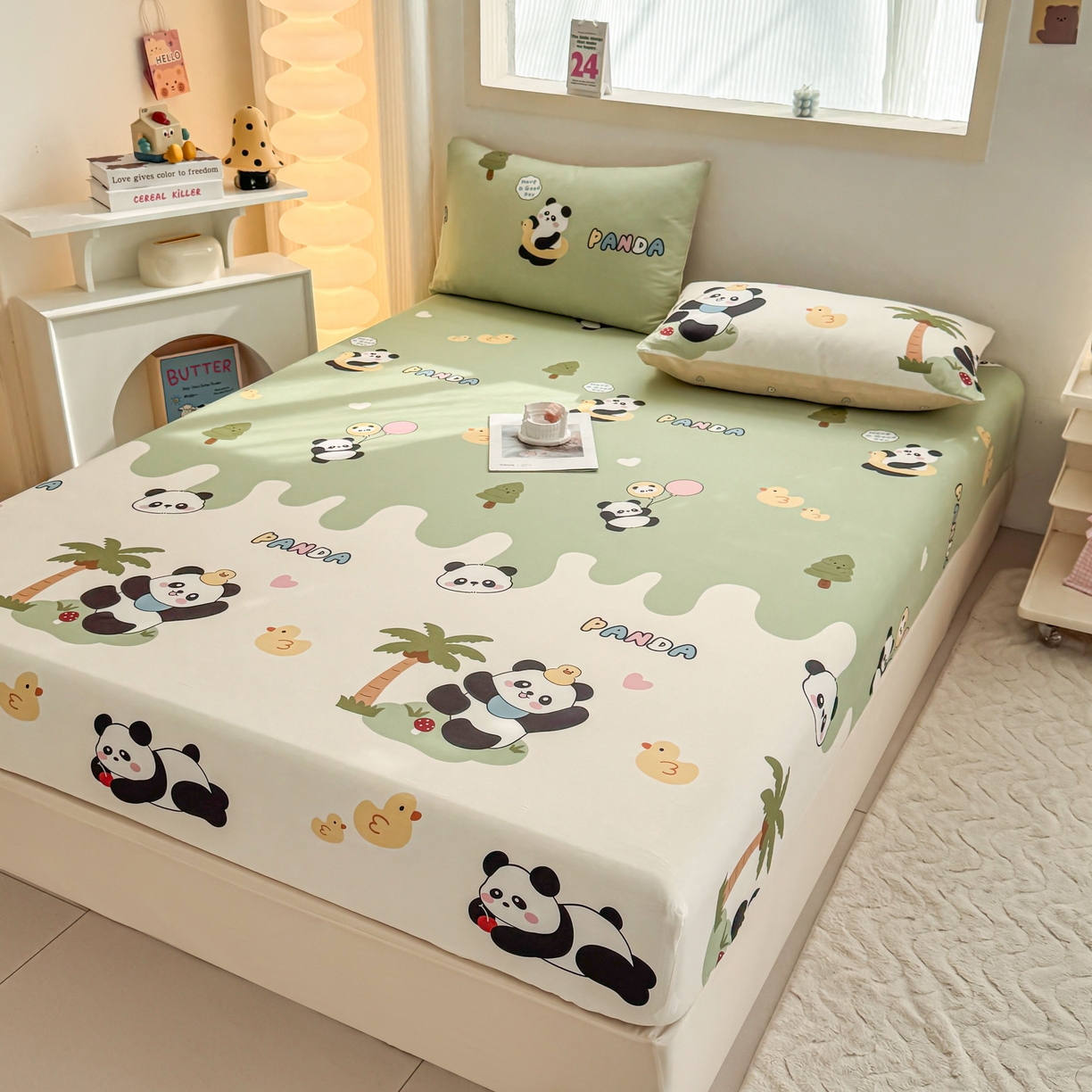 91家纺网 家纺一手货源 找家纺 小蓝孩家纺 2026新款12868全棉印花单床笠(联系商家可打折，尺寸可定制) 熊猫鸭鸭乐-绿