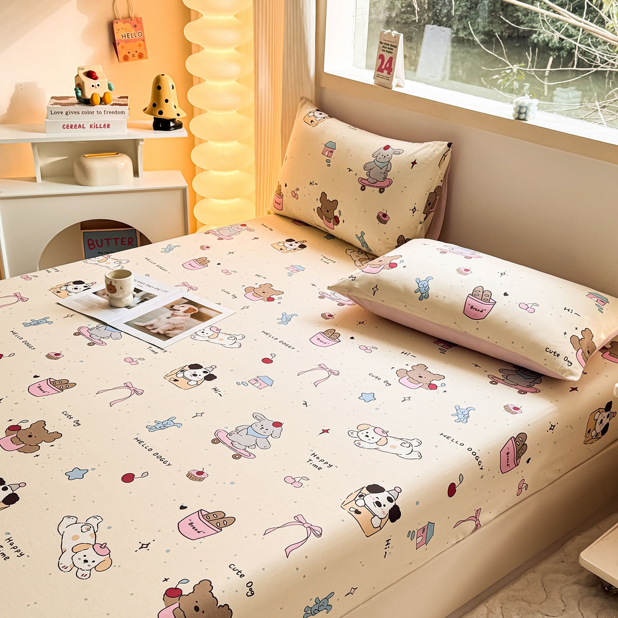 91家纺网 家纺一手货源 找家纺 小蓝孩家纺 2026新款12868全棉印花单床笠(联系商家可打折，尺寸可定制) 可爱颂