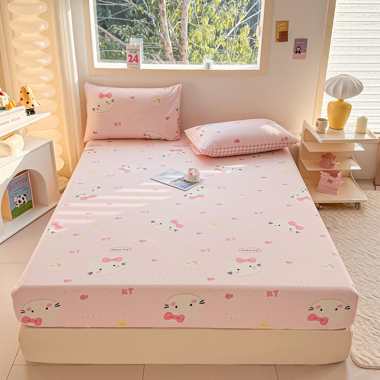 小蓝孩家纺 2026新款12868全棉印花单床笠(联系商家可打折，尺寸可定制) 甜心猫咪