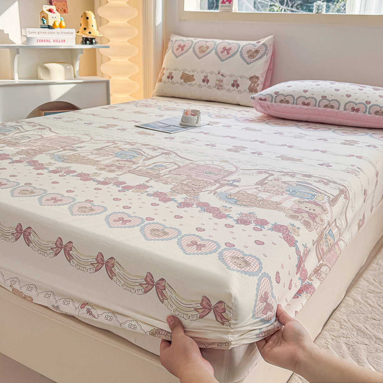 91家纺网 家纺一手货源 找家纺 小蓝孩家纺 2026新款12868全棉印花单床笠(联系商家可打折，尺寸可定制) 安缦小熊