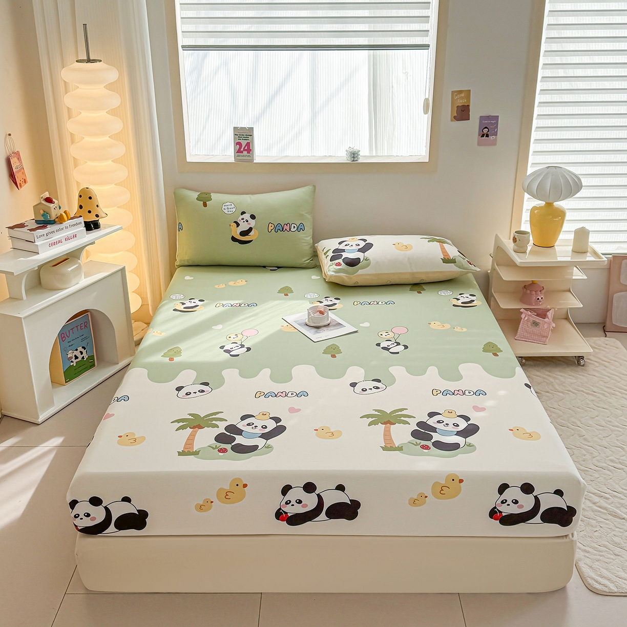 小蓝孩家纺 2026新款12868全棉印花单床笠(联系商家可打折，尺寸可定制) 熊猫鸭鸭乐-绿