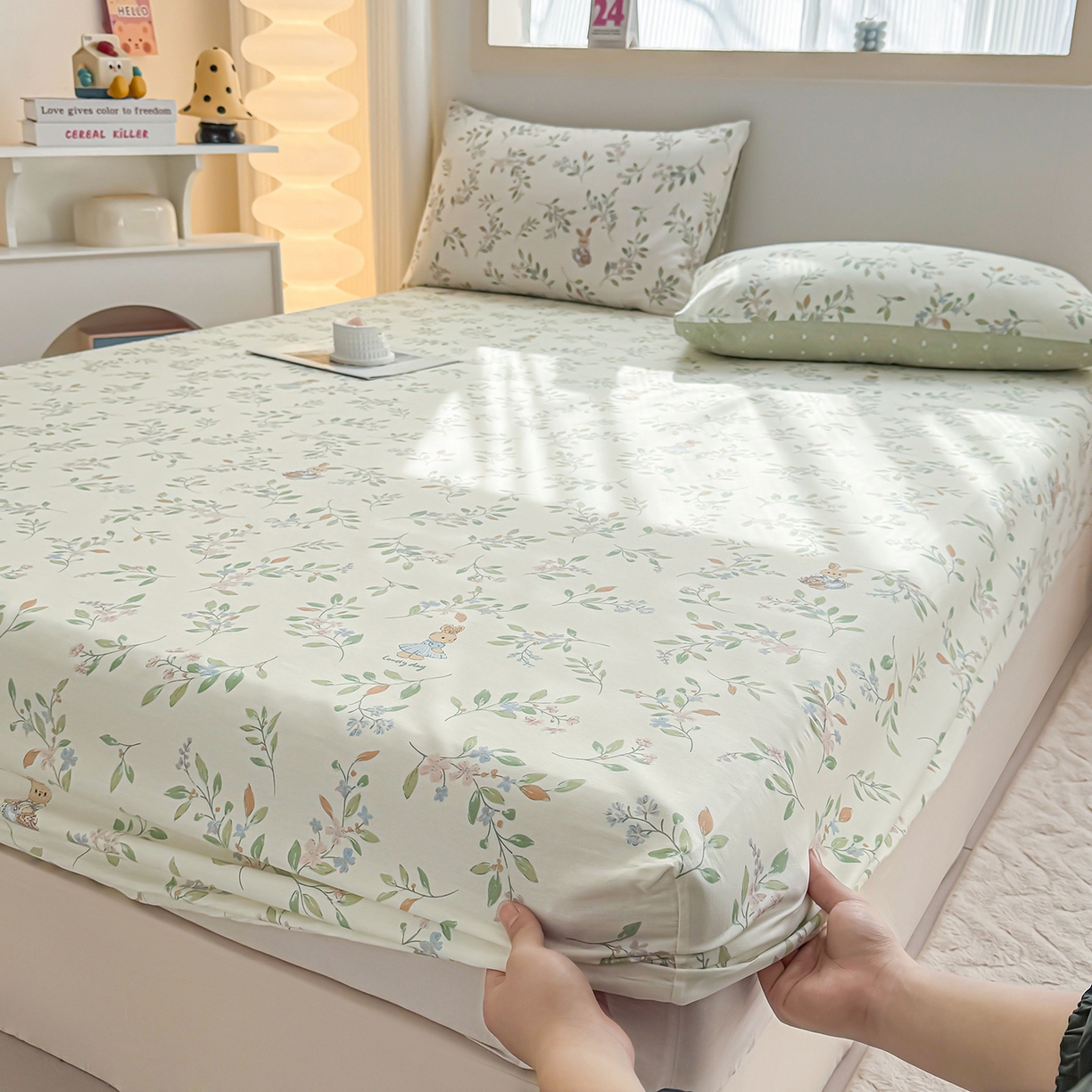 91家纺网 家纺一手货源 找家纺 小蓝孩家纺 2026新款12868全棉印花单床笠(联系商家可打折，尺寸可定制) 风铃小兔