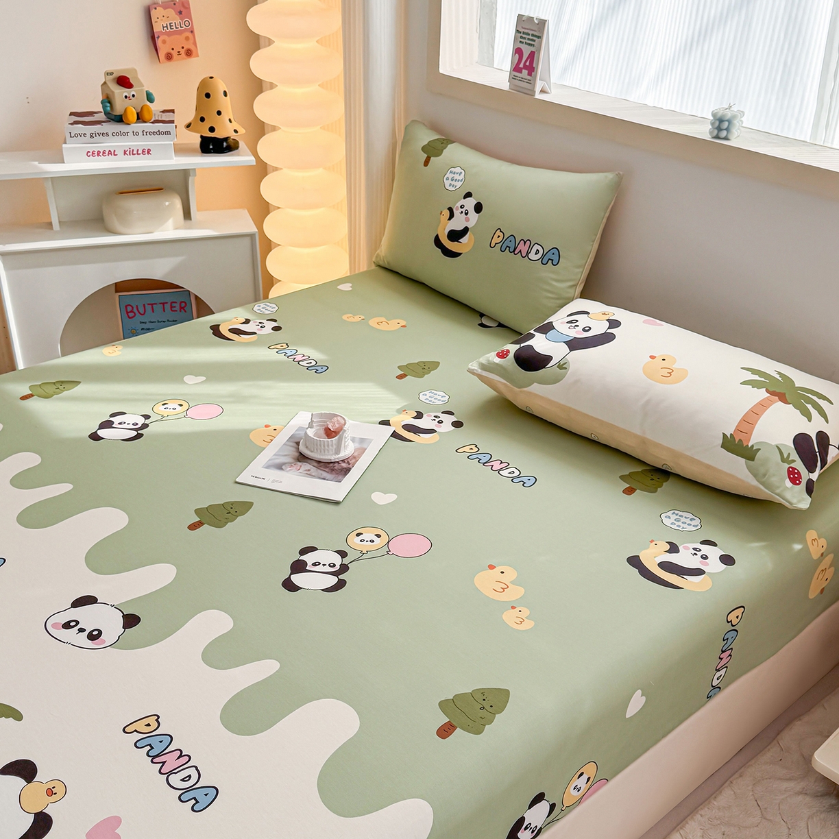 91家纺网 家纺一手货源 找家纺 小蓝孩家纺 2026新款12868全棉印花单床笠(联系商家可打折，尺寸可定制) 熊猫鸭鸭乐-绿