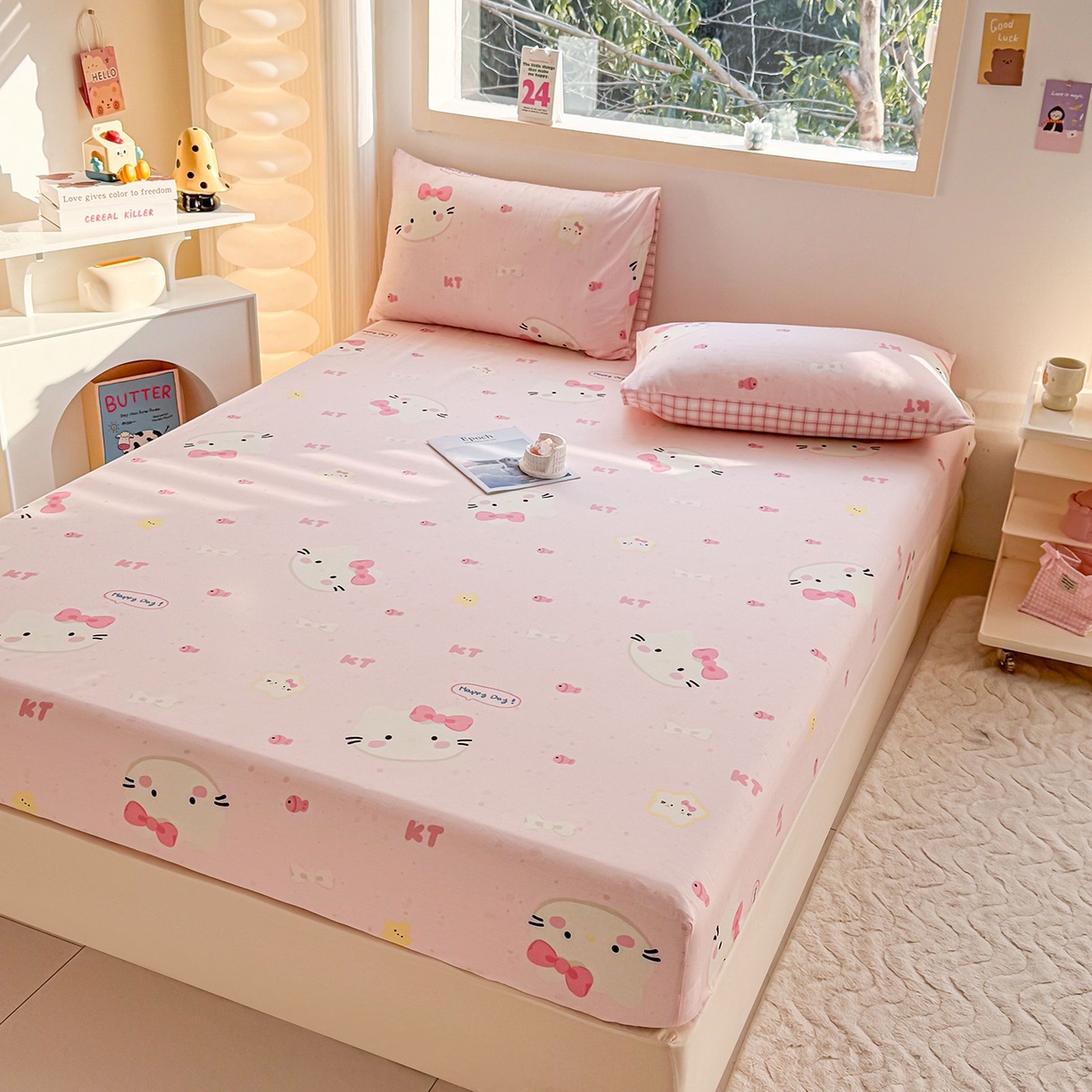 91家纺网 家纺一手货源 找家纺 小蓝孩家纺 2026新款12868全棉印花单床笠(联系商家可打折，尺寸可定制) 甜心猫咪