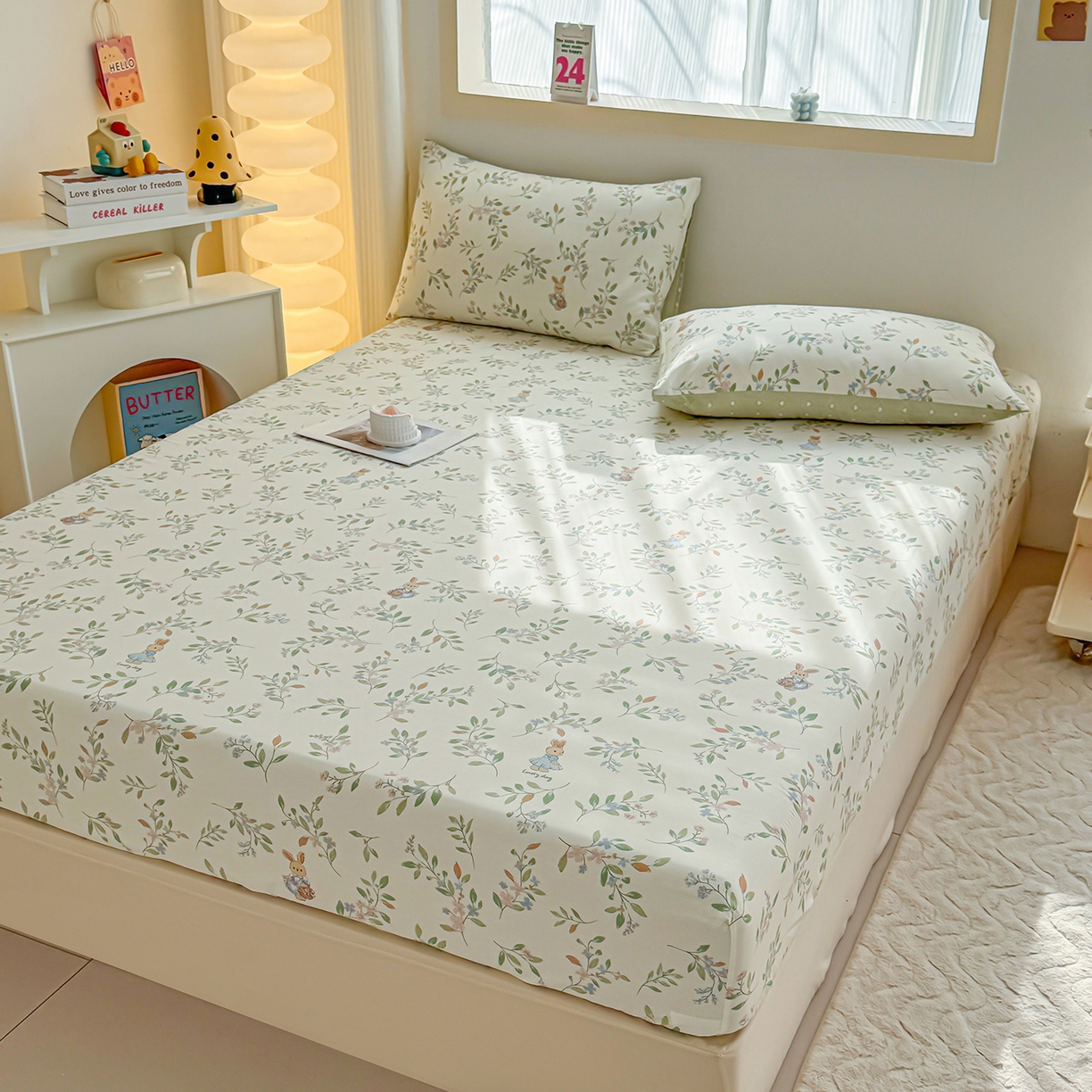 91家纺网 家纺一手货源 找家纺 小蓝孩家纺 2026新款12868全棉印花单床笠(联系商家可打折，尺寸可定制) 风铃小兔