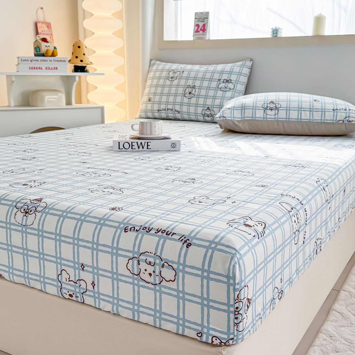 91家纺网 家纺一手货源 找家纺 小蓝孩家纺 2026新款12868全棉印花单床笠(联系商家可打折，尺寸可定制) 忧郁棕熊