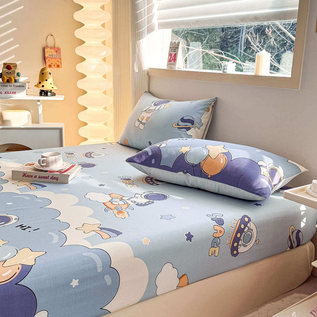 91家纺网 家纺一手货源 找家纺 小蓝孩家纺 2026新款12868全棉印花单床笠(联系商家可打折，尺寸可定制) 太空梦乐园