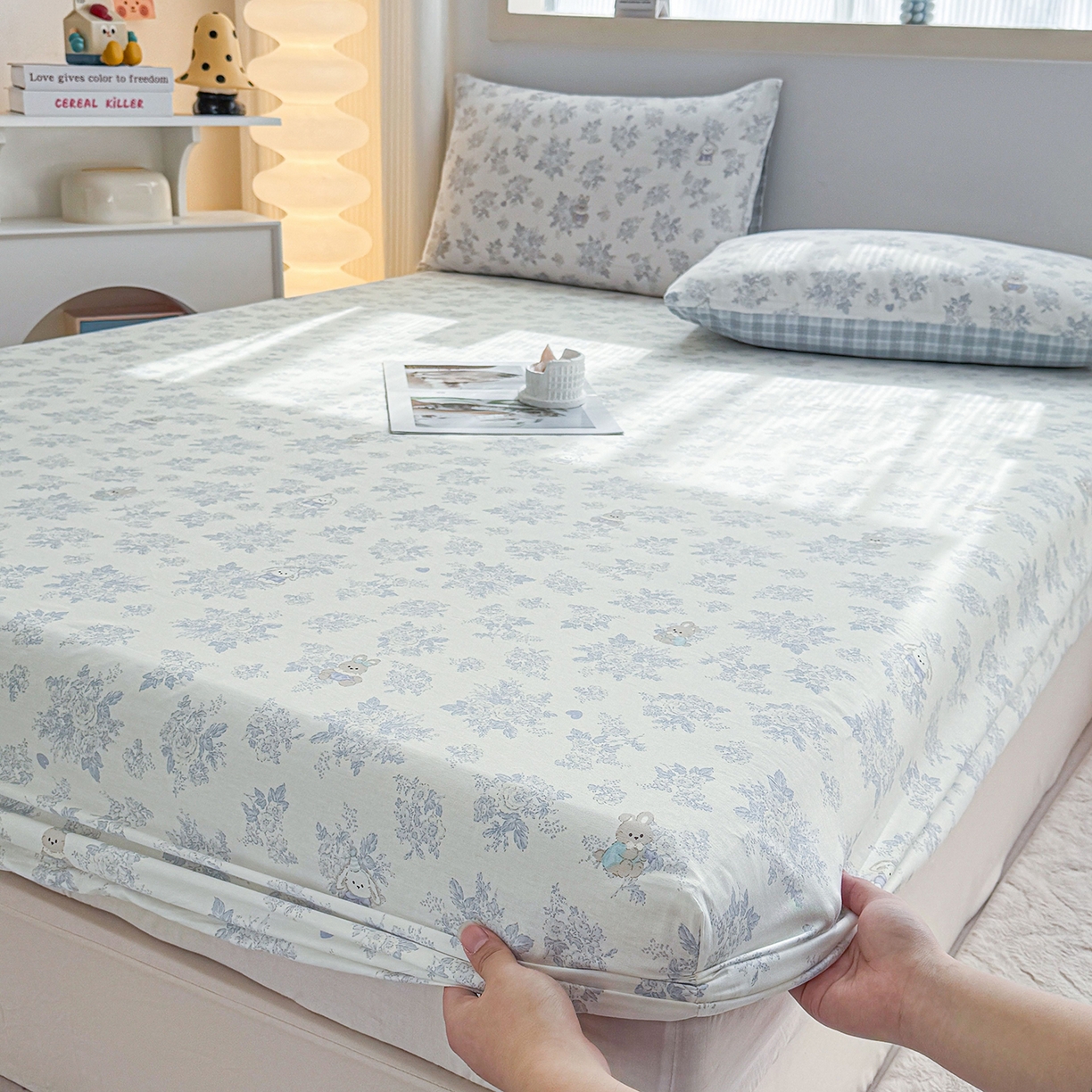 91家纺网 家纺一手货源 找家纺 小蓝孩家纺 2026新款12868全棉印花单床笠(联系商家可打折，尺寸可定制) 森林兔