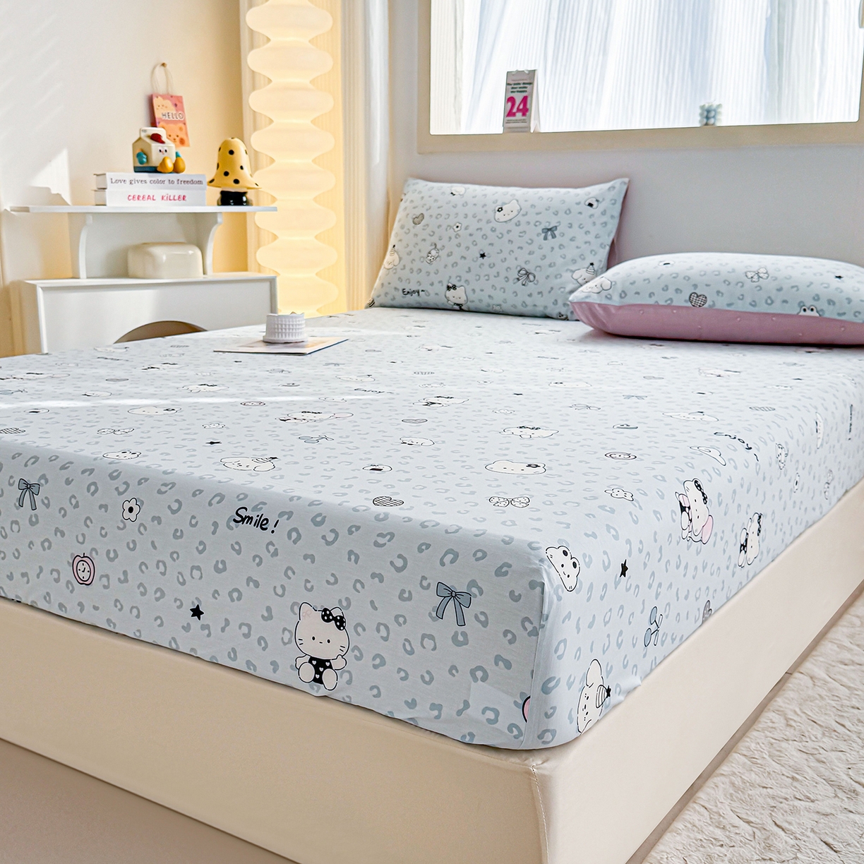 91家纺网 家纺一手货源 找家纺 小蓝孩家纺 2026新款12868全棉印花单床笠(联系商家可打折，尺寸可定制) 豹纹猫咪