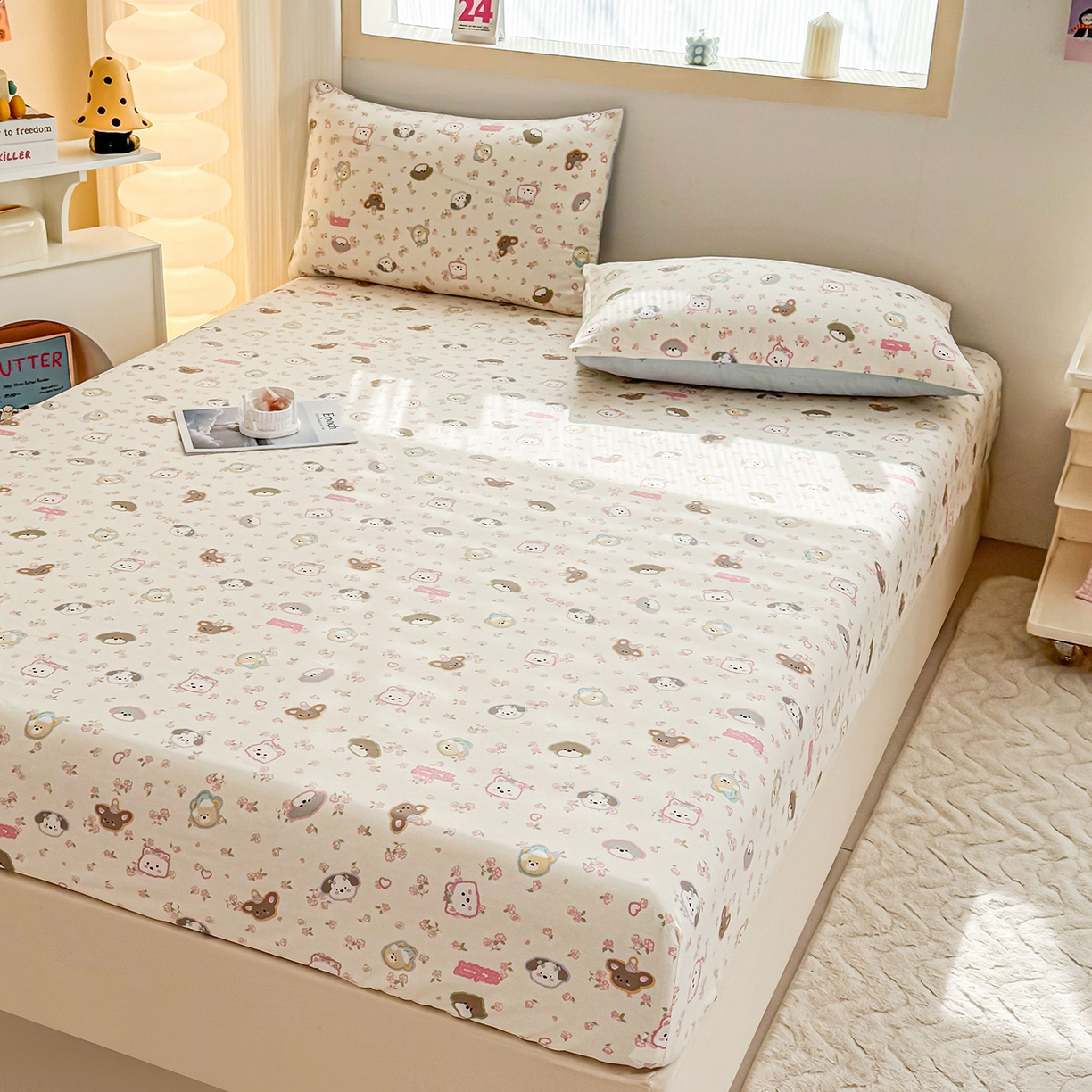 91家纺网 家纺一手货源 找家纺 小蓝孩家纺 2026新款12868全棉印花单床笠(联系商家可打折，尺寸可定制) 萌宠伙伴