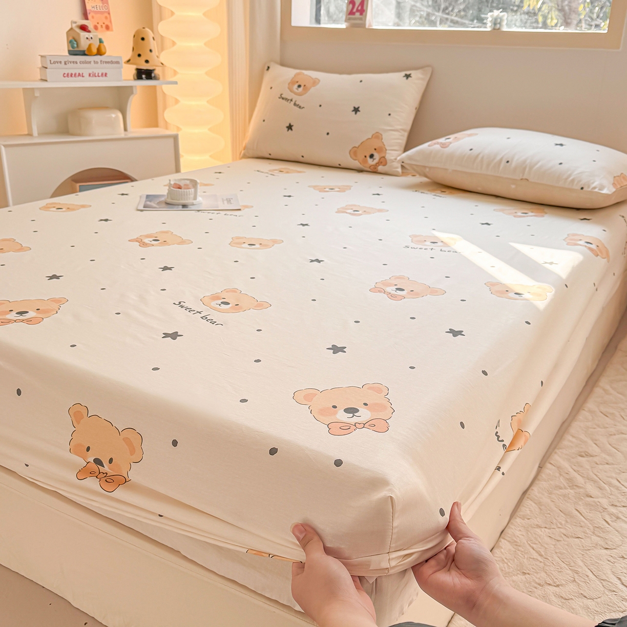 91家纺网 家纺一手货源 找家纺 小蓝孩家纺 2026新款12868全棉印花单床笠(联系商家可打折，尺寸可定制) 领结熊宝