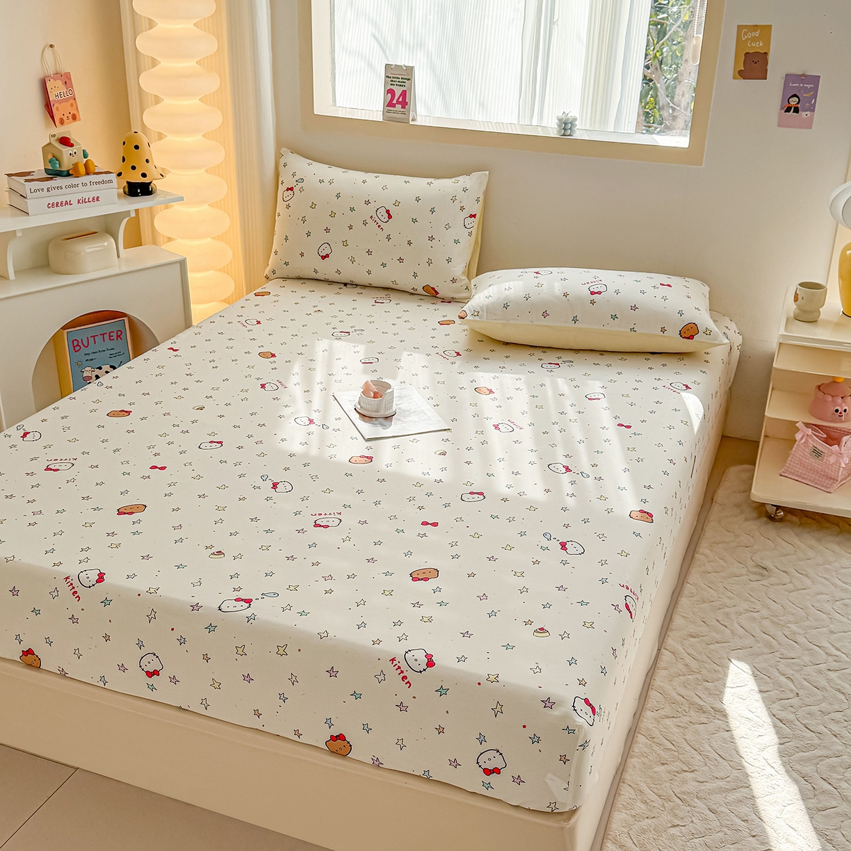 91家纺网 家纺一手货源 找家纺 小蓝孩家纺 2026新款12868全棉印花单床笠(联系商家可打折，尺寸可定制) 星星凯蒂猫