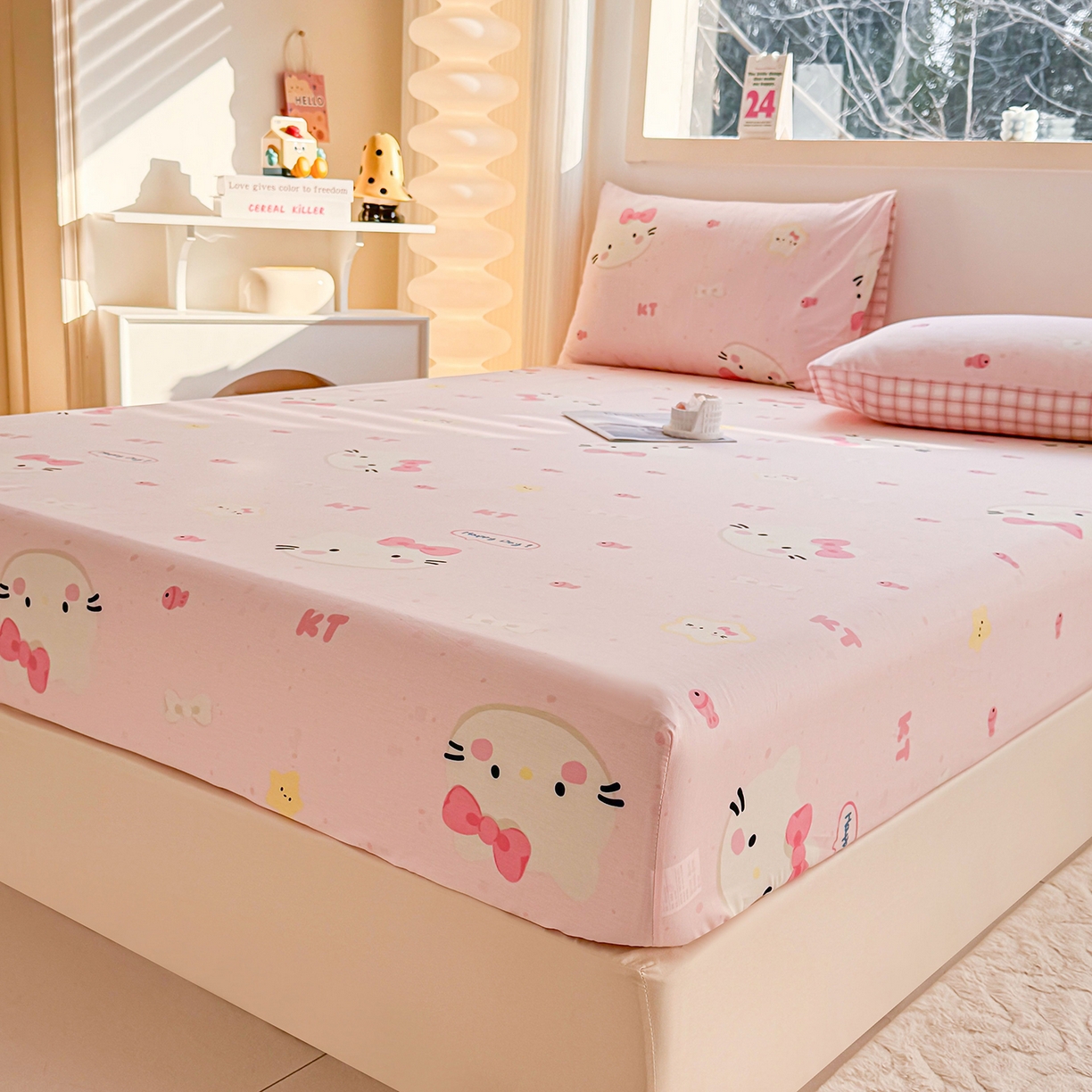 91家纺网 家纺一手货源 找家纺 小蓝孩家纺 2026新款12868全棉印花单床笠(联系商家可打折，尺寸可定制) 甜心猫咪