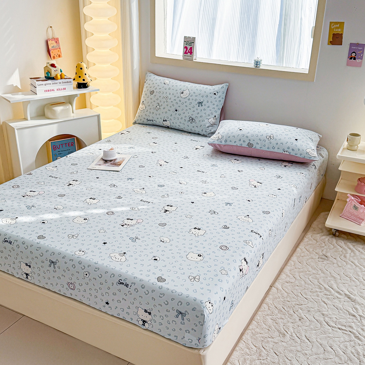 91家纺网 家纺一手货源 找家纺 小蓝孩家纺 2026新款12868全棉印花单床笠(联系商家可打折，尺寸可定制) 豹纹猫咪