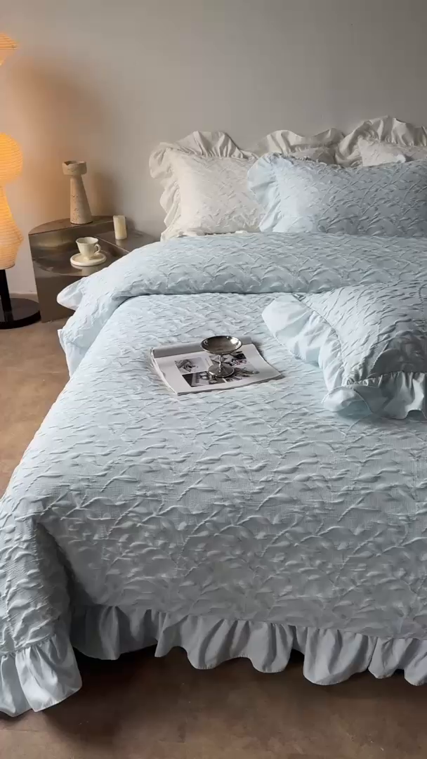 91家纺网 家纺一手货源 找家纺 豪美鑫 2026新款立体浮雕提花四件套 叶语系列 叶语-蓝色