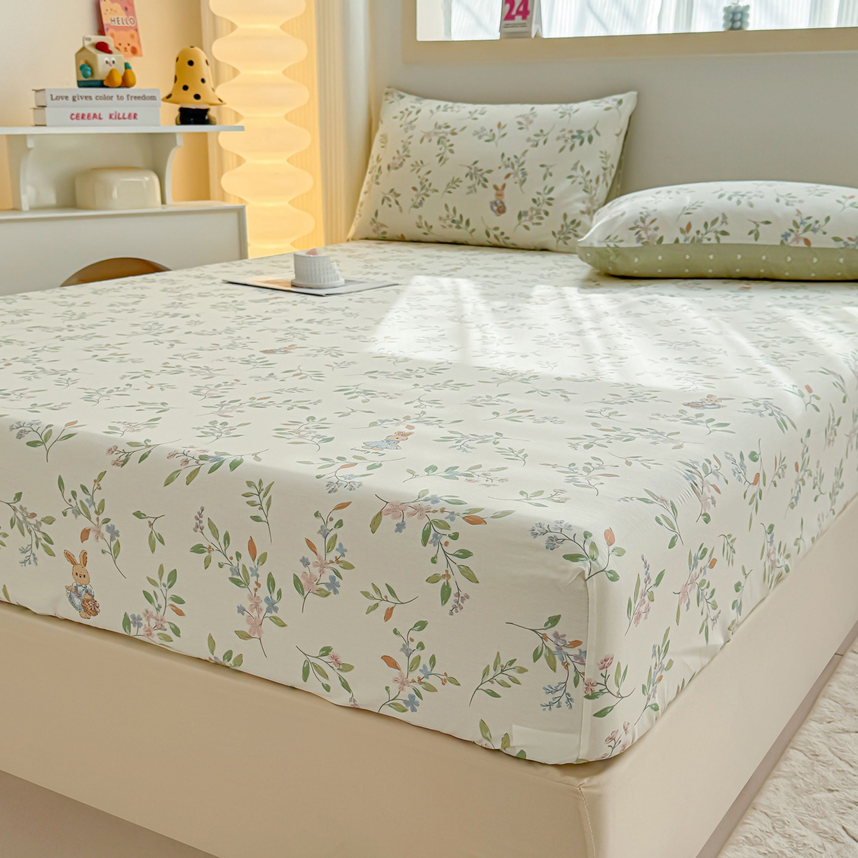 91家纺网 家纺一手货源 找家纺 小蓝孩家纺 2026新款12868全棉印花单床笠(联系商家可打折，尺寸可定制) 风铃小兔