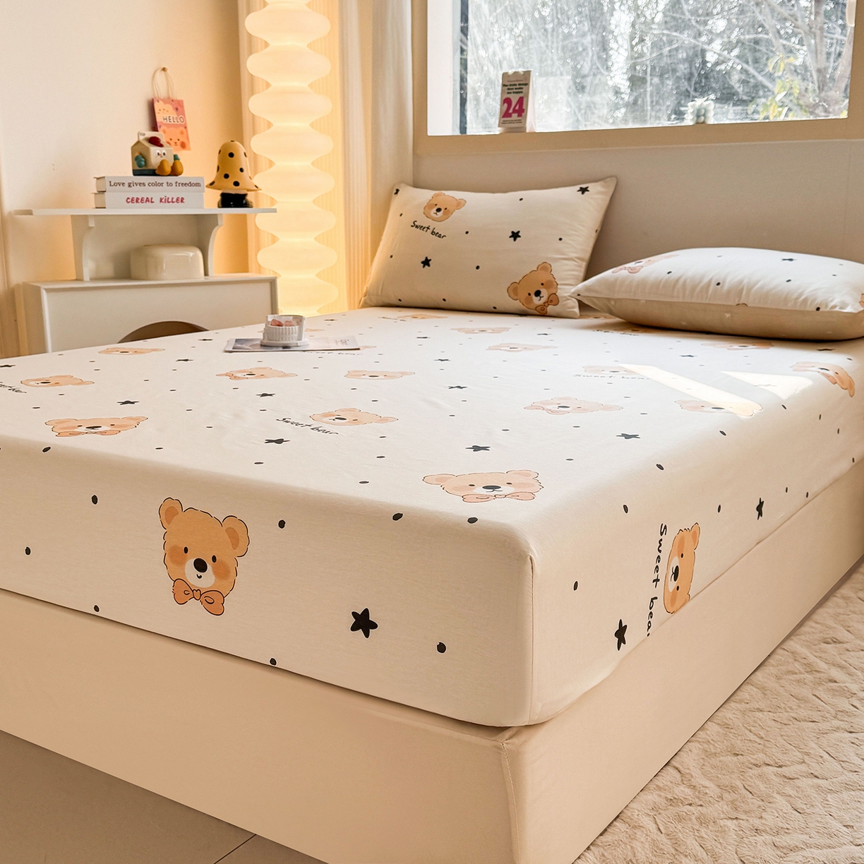 91家纺网 家纺一手货源 找家纺 小蓝孩家纺 2026新款12868全棉印花单床笠(联系商家可打折，尺寸可定制) 领结熊宝