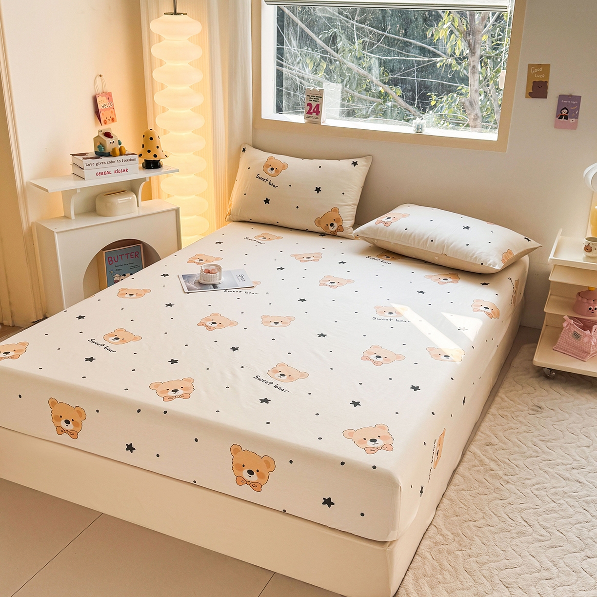 91家纺网 家纺一手货源 找家纺 小蓝孩家纺 2026新款12868全棉印花单床笠(联系商家可打折，尺寸可定制) 领结熊宝